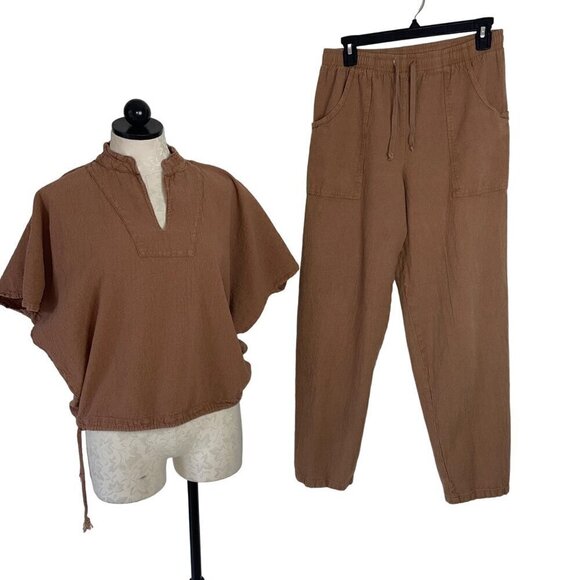 Cotton Palms Vintage Womens Pant Top Set Size Small Brown Drawstring Waist
